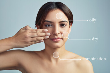 Portrait, woman and skincare type in studio with facial analysis, dermatology and textures...
