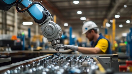 Collaborative robot aiding factory workers in assembling intricate components, showcasing advanced automation technology and teamwork in a modern industrial setting