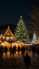Christmas tree market at night with light-wrapped trees, bustling crowds, and a light dusting of snow.