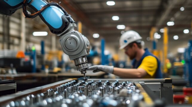 Collaborative robot aiding factory workers in assembling intricate components, showcasing advanced automation technology and teamwork in a modern industrial setting