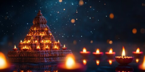 A beautiful temple with glowing diyas in the foreground, set against a deep indigo-to-black gradient sky, with shimmering stars. Copy space, Indian traditional festival happy Diwali