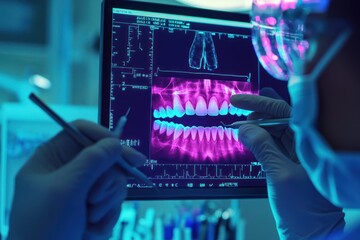 Dentists examining dental X-rays on digital touch screen monitor