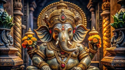 Fototapeta premium A serene idol of the revered Hindu deity with an elephant head, adorned with golden ornaments, sits majestically on a intricately carved stone pedestal.