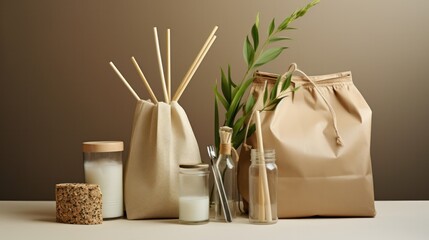 A still life of a paper bag alongside other eco-friendly packaging materials, such as bamboo straws and glass jars