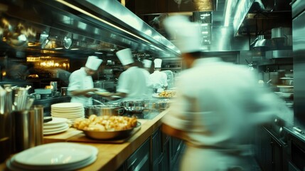 Fototapeta premium Blurred Restaurant Kitchen Background Featuring Chefs and Cooking Dishes on a Wooden Counter