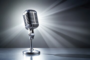 A shiny silver microphone with a sleek modern design stands upright on a white background, illuminated by a soft spotlight, ready for recording.