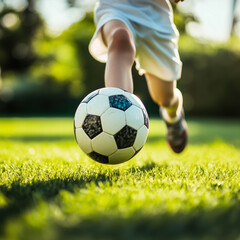 Close-up of a young boy kicking a soccer ball