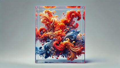 An abstract artwork featuring vibrant, fluid-like forms suspended in a clear, glass-like rectangular container
