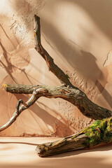 Naklejka premium A rustic wood backdrop features twisted branches and moss, creating natural and serene atmosphere. interplay of light and shadow enhances organic beauty of scene