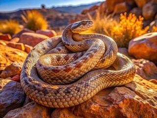 Naklejka premium A sleek western hog snake coils on a sun-baked rock, its mottled scales glistening in warm desert light, amidst a tapestry of rust-hued stones and scrubby foliage.