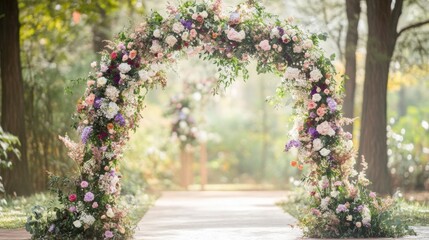A floral archway stands in a park setting, ready for a wedding ceremony.