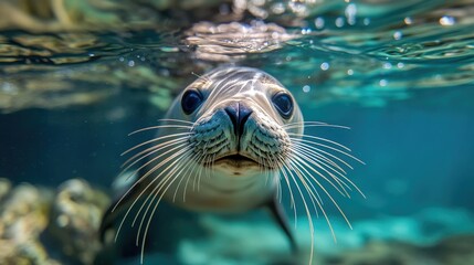 Fototapeta premium A curious sea lion swimming near the coast, its whiskers and sleek body visible through clear water.