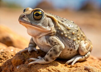 A small, brownish-gray Western Spadefoot Toad with distinctive circular spots and horizontal pupils perches on a rock, blending into the arid desert landscape surroundings.