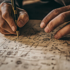 Close-up of hands drawing a soccer game plan on paper