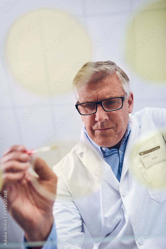 Poster laboratory, mature man and medical with experiment for breakthrough, discovery and science research 