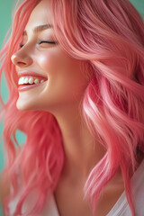 Fototapeta premium Young pretty woman smiling with pink waving hair on color background with copy space, bright hair dye, direct pigment banner template