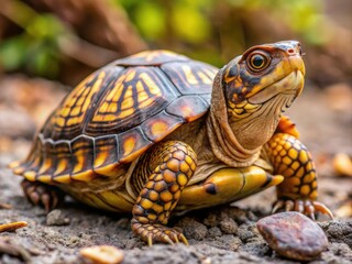 Obraz premium A small, terrestrial western box turtle with a brown shell featuring yellow stripes and a hinged plastron slowly roams on a dry, cracked earth terrain.