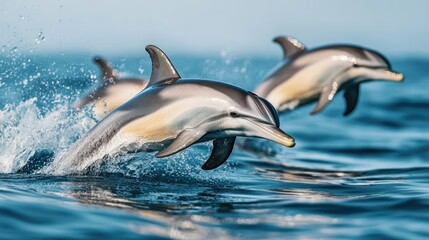 A dynamic image of a dolphin pod swimming in unison, with their sleek bodies and playful behavior captured in the open sea.