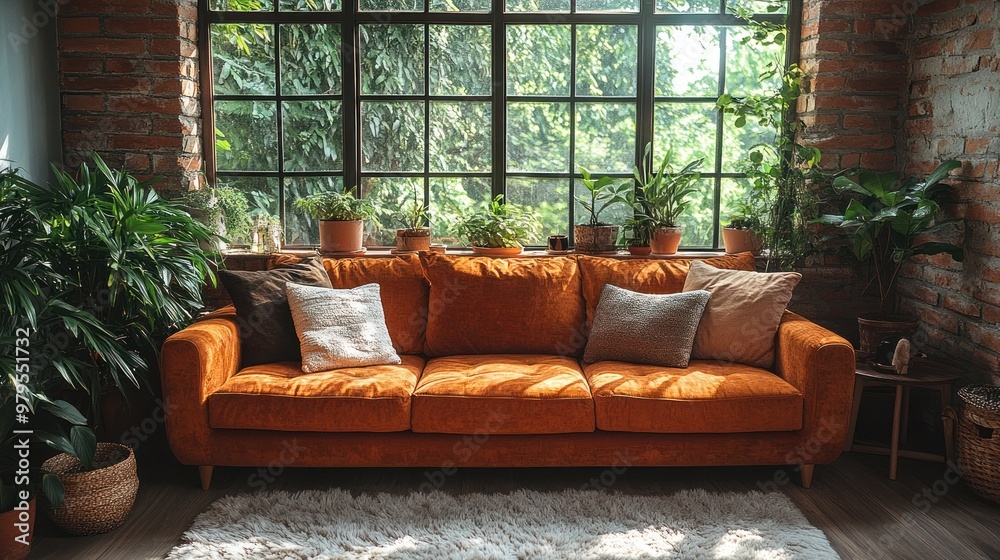 Sticker living room with orange sofa