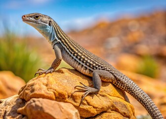 Fototapeta premium A solitary western whiptail lizard, its slender body and long tail blending seamlessly into the arid desert landscape, pauses motionless on a rocky outcropping.