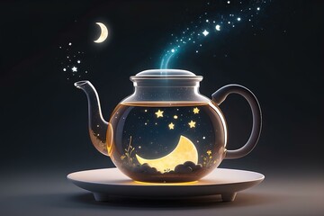 whimsical teapot with stars, magical night sky tea, fantasy beverage design, glowing moon and stars inside teapot