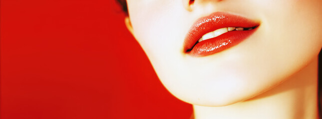 Obraz premium Young pretty woman with plump, luscious, sensual lips smiling on color background with copy space, botox, cosmetologist, cosmetology banner template