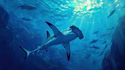 Fototapeta premium A hammerhead shark swimming gracefully in deep ocean waters, surrounded by smaller fish.