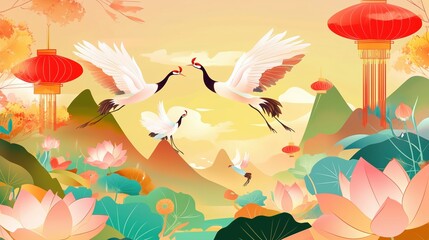 Obraz premium Colorful vector illustration of cranes flying over lotus flowers with red lanterns and green mountains in the background, showcasing traditional Chinese elements. The scene is designed in a vibrant, c
