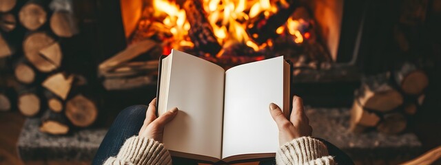 Close-up of a woman's hands holding a blank white book with a black cover, sitting in front of a fireplace in a cozy winter scene