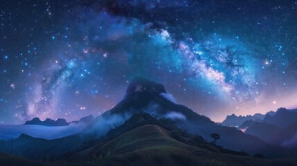 Phu Chi Fa mountain, at night, with the Milky Way arching overhead and the mountain illuminated by moonlight.