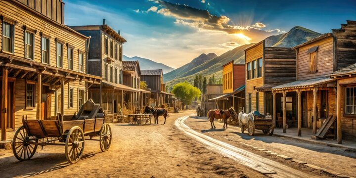 A sun-drenched, dusty main street lined with worn wooden buildings, hay-filled horse carts, and rustic shopfronts, evoking a classic American Wild West frontier settlement scene.