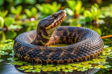 Fototapeta premium A venomous western cottonmouth snake, also known as a water moccasin, coils amidst murky aquatic vegetation, its dark, scaly body blending with the surroundings.