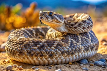 A venomous western diamondback rattlesnake, North America's largest rattlesnake species, coiled and rattling its distinctive tail, on a rocky desert terrain with a blurred background.