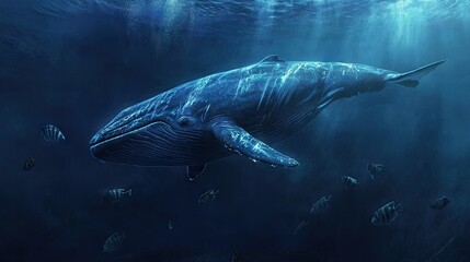 Fototapeta premium A large blue whale swimming slowly through deep waters, surrounded by smaller fish.