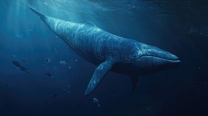 Fototapeta premium A large blue whale swimming slowly through deep waters, surrounded by smaller fish.