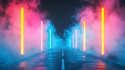 A neon sign lit up in the rain
