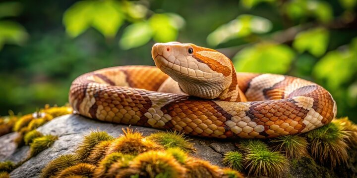 A venomous western copperhead snake, Agkistrodon contortrix, coils on a moss-covered rock in a shaded forest, its copper-colored head and hourglass markings visible.