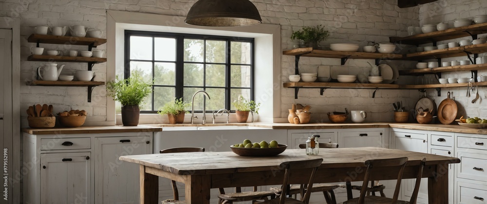 Wall mural rustic farmhouse kitchen aesthetic background