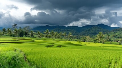 Obraz premium A lush rice paddy field under a cloudy sky, ready for the harvest season.