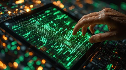 Digital currency on a tablet surrounded by green binary code