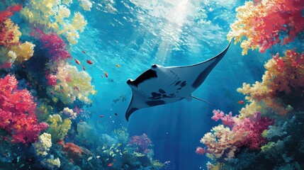 A manta ray gliding through crystal-clear waters, surrounded by colorful coral reefs.