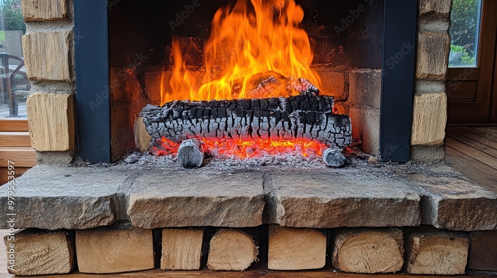 Sticker fireplace with burning logs