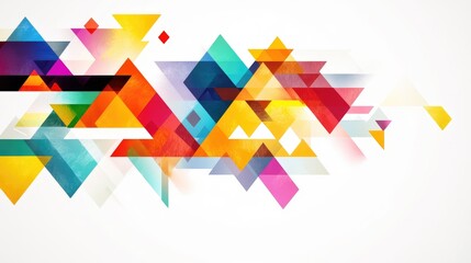 A vibrant abstract design with colorful geometric shapes, including triangles and squares, set against a bright white background