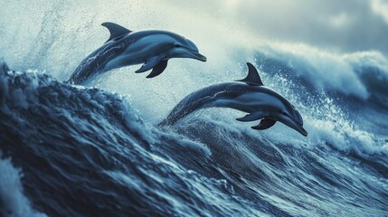 Naklejka premium A pair of dolphins jumping in unison, their sleek bodies cutting through the waves.