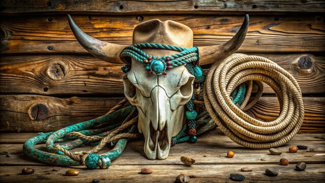 A weathered, ornate western cow skull adorned with turquoise stones and rustic rope, set against a worn, vintage wooden background with faded cowboy hat.