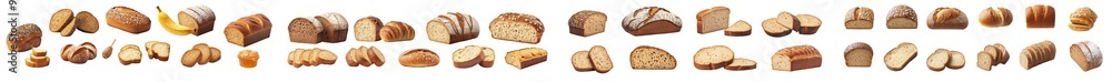 Poster Cutout template of a bread bun loaf slice set showing 4 different kinds of bread. White, wholewheat, multigrain, banana on transparent background.