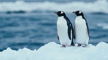 Obraz premium A pair of penguins standing side by side on an icy shore, looking out toward the ocean. -