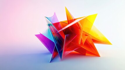 Dynamic geometric abstract with colorful shapes in motion, creating a vibrant visual effect on a minimalist white background