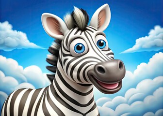 A whimsical, smiling cartoon zebra with bold black and white stripes, playful eyes, and a chunky mane, set against a bright blue background with white clouds.