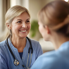 A nurse smiles warmly while talking casually with a colleague or patient, fostering a friendly and supportive atmosphere in a healthcare setting.
